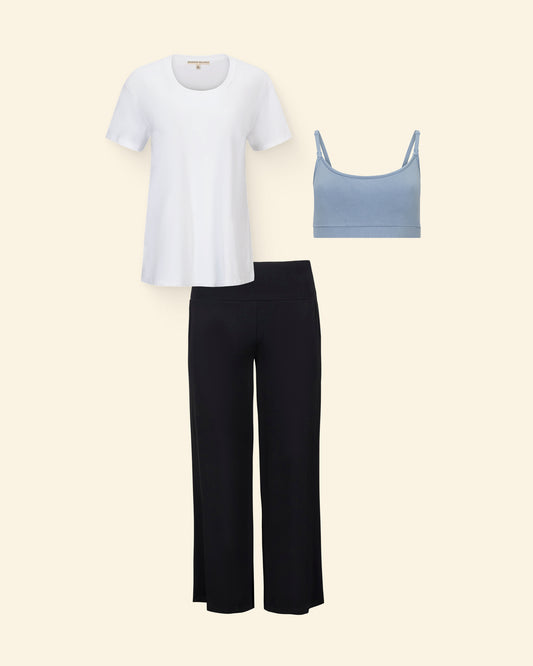 Nesting & Nursing Set includes: Relaxed Cotton Maternity & Nursing T-shirt, Bamboo Wide Leg Maternity & Postpartum Lounge Pant, French Terry Maternity & Nursing Bralette, on a beige background.