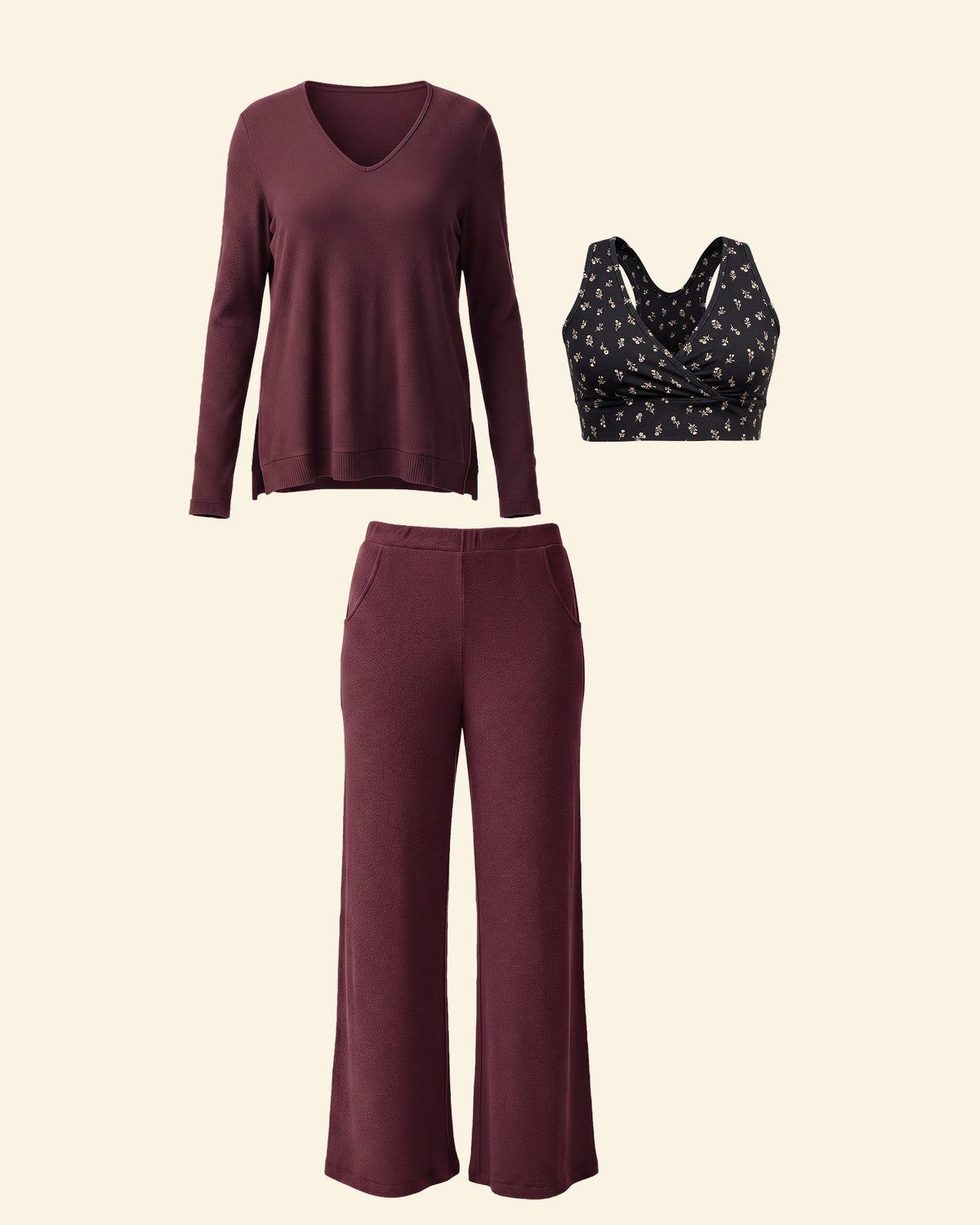 Nesting & Nursing Set on a beige background, including: French Terry Racerback Nursing & Sleep Bra in Black Wildflower, CozyKnit Wide Leg Lounge Pant and CozyKnit Maternity & Nursing V-neck Top. 