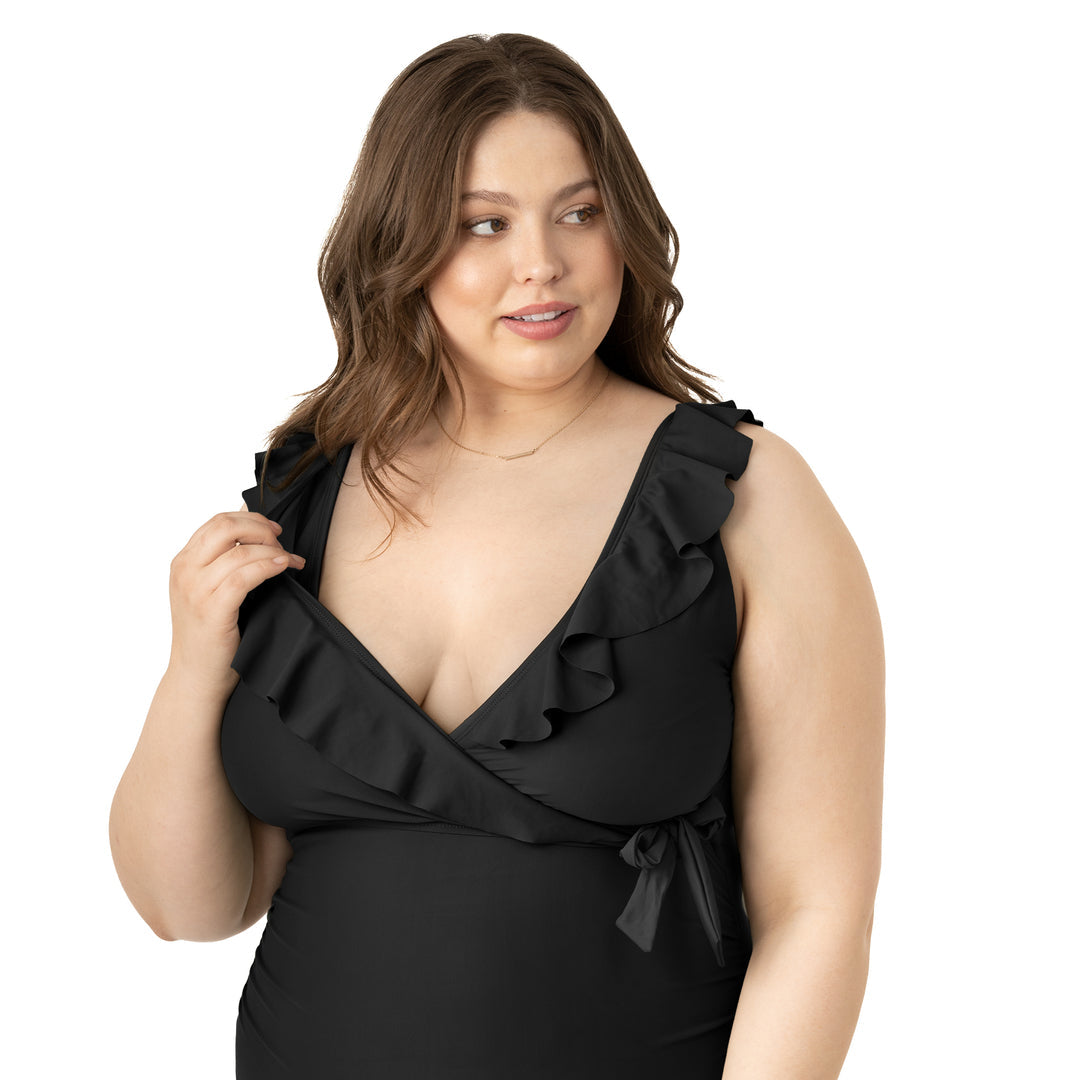 Closeup of the collar on the Ruffle Wrap Maternity & Nursing One Piece Swimsuit in Black
