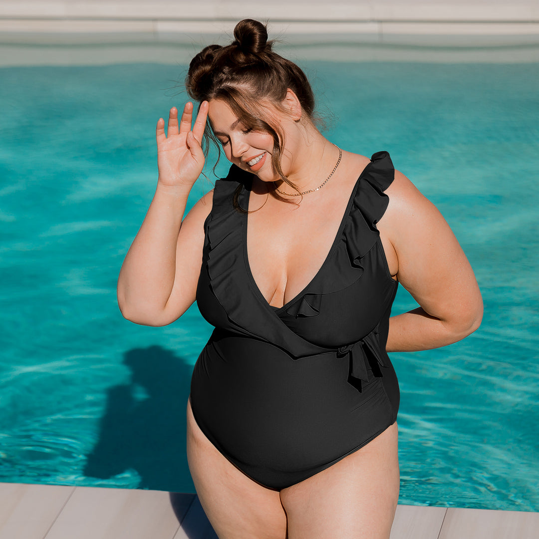 Nursing & Maternity One Piece Wrap Swimsuit | Black-Swimwear-Kindred Bravely