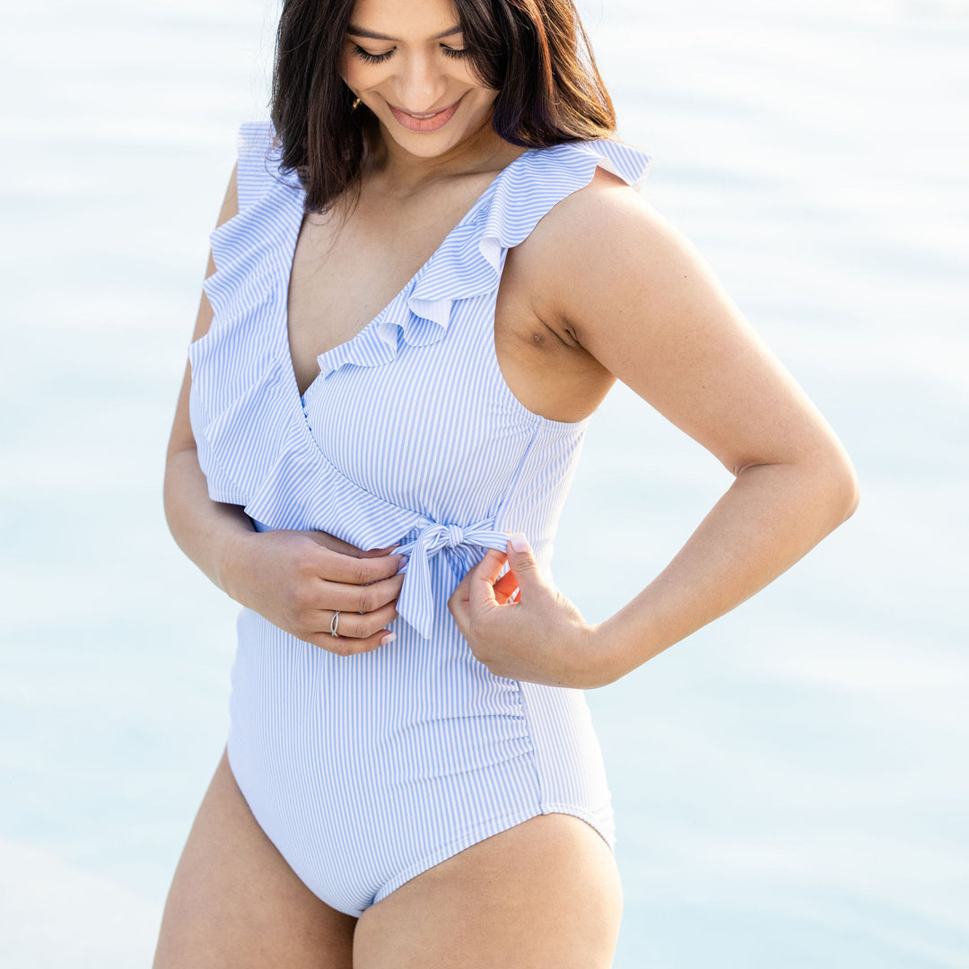 Nursing & Maternity One Piece Wrap Swimsuit | Coastal Stripe-Swimwear-Kindred Bravely