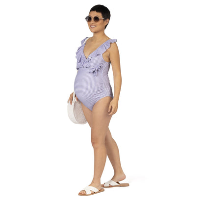Nursing & Maternity One Piece Wrap Swimsuit | Lavender Gingham-Swimwear-Kindred Bravely
