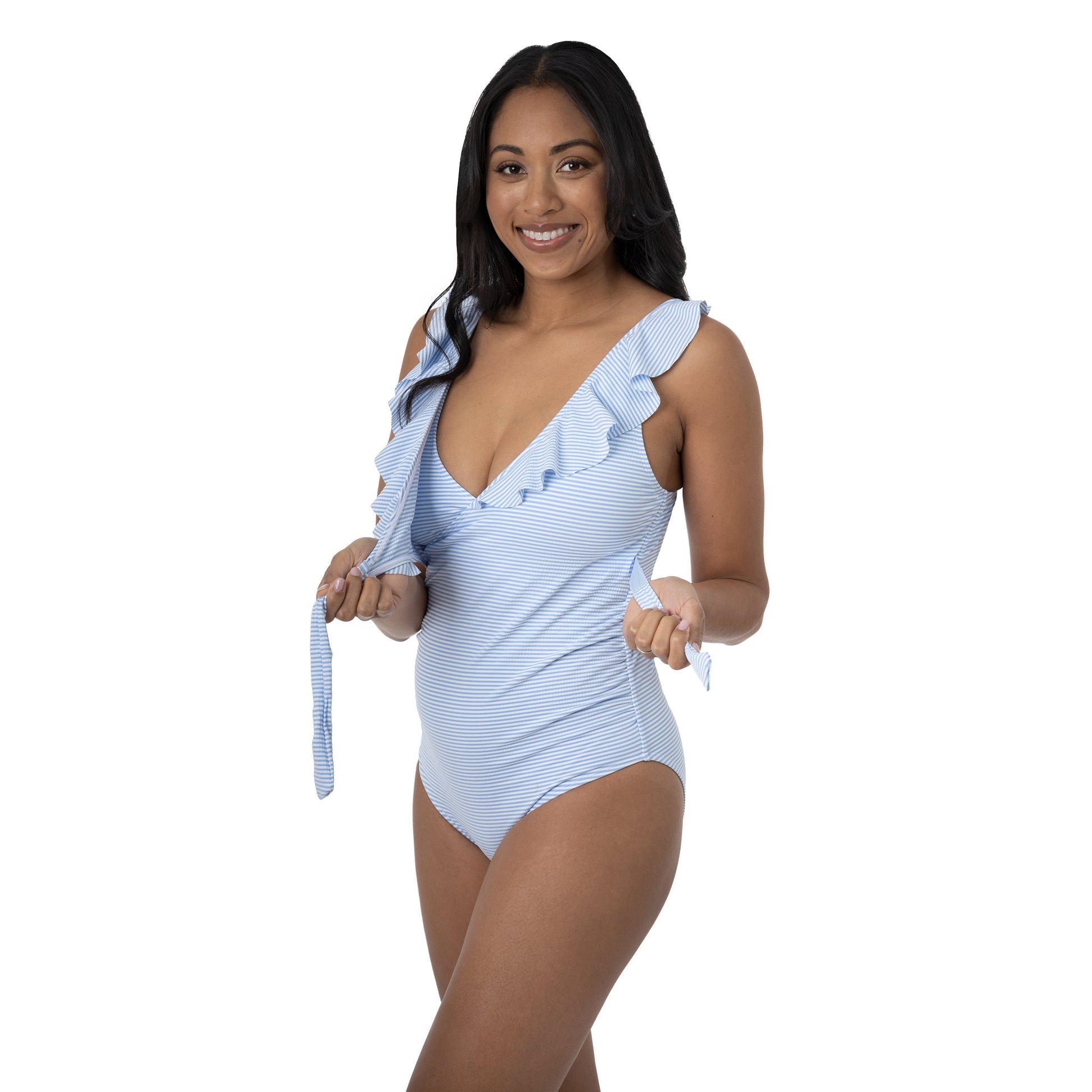 Nursing & Maternity One Piece Wrap Swimsuit | Seersucker Stripe-Swimwear-Kindred Bravely