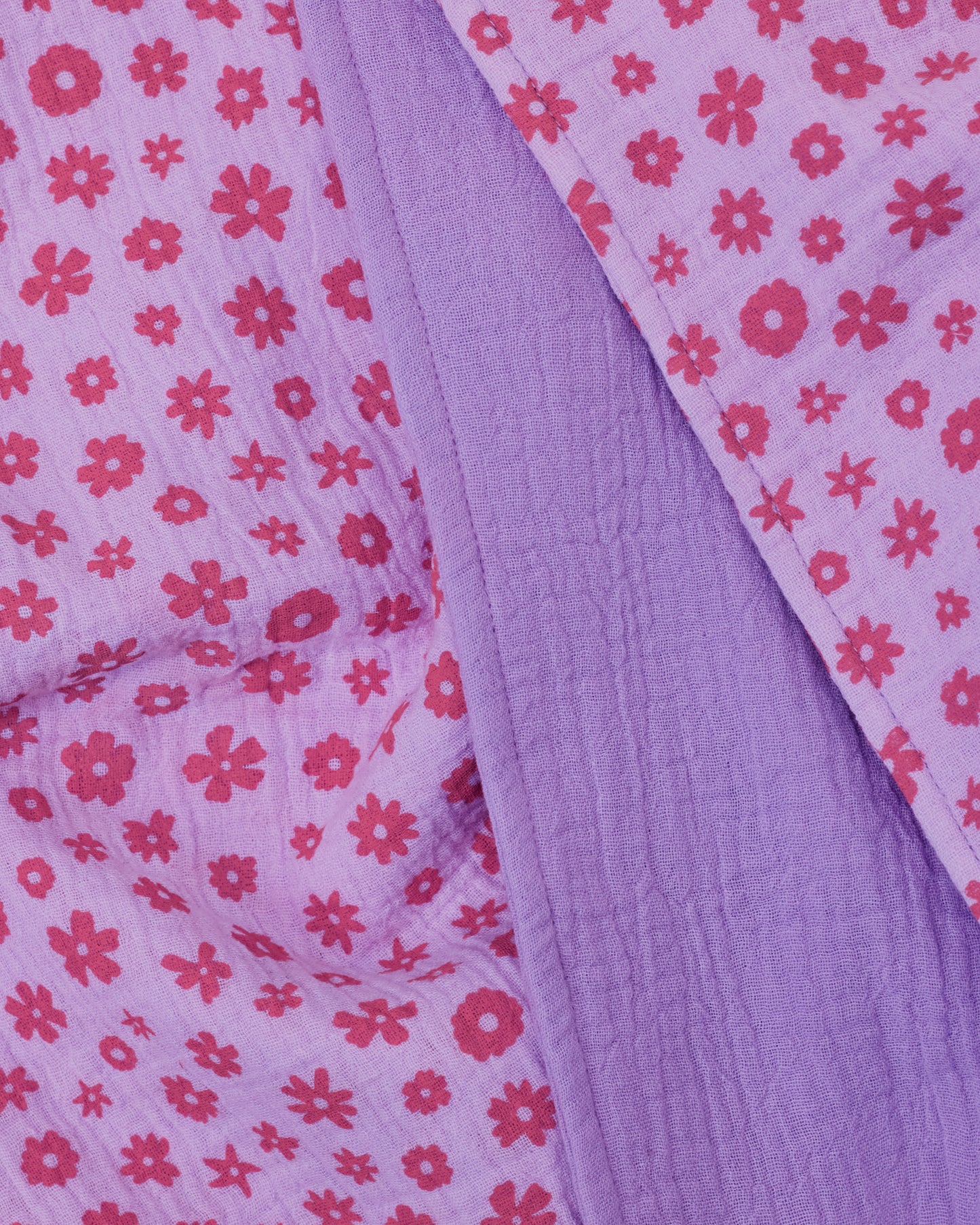 Close up of the set Organic Muslin Burp Cloth in Lavender Cosmos print.
