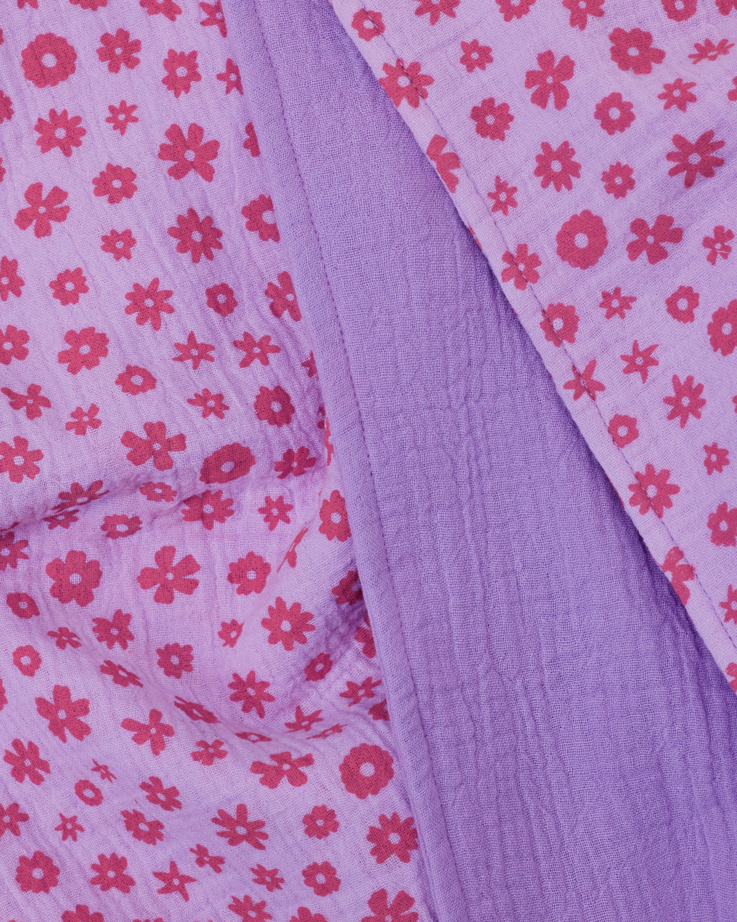 Close up of the set Organic Muslin Burp Cloth in Lavender Cosmos print.