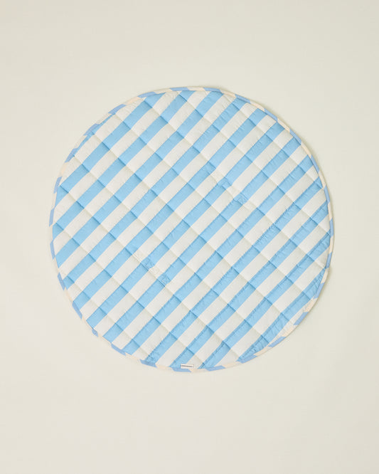 Inside/Outside Play Mat in Blue Wide Stripe with blue and white stripes on a beige background