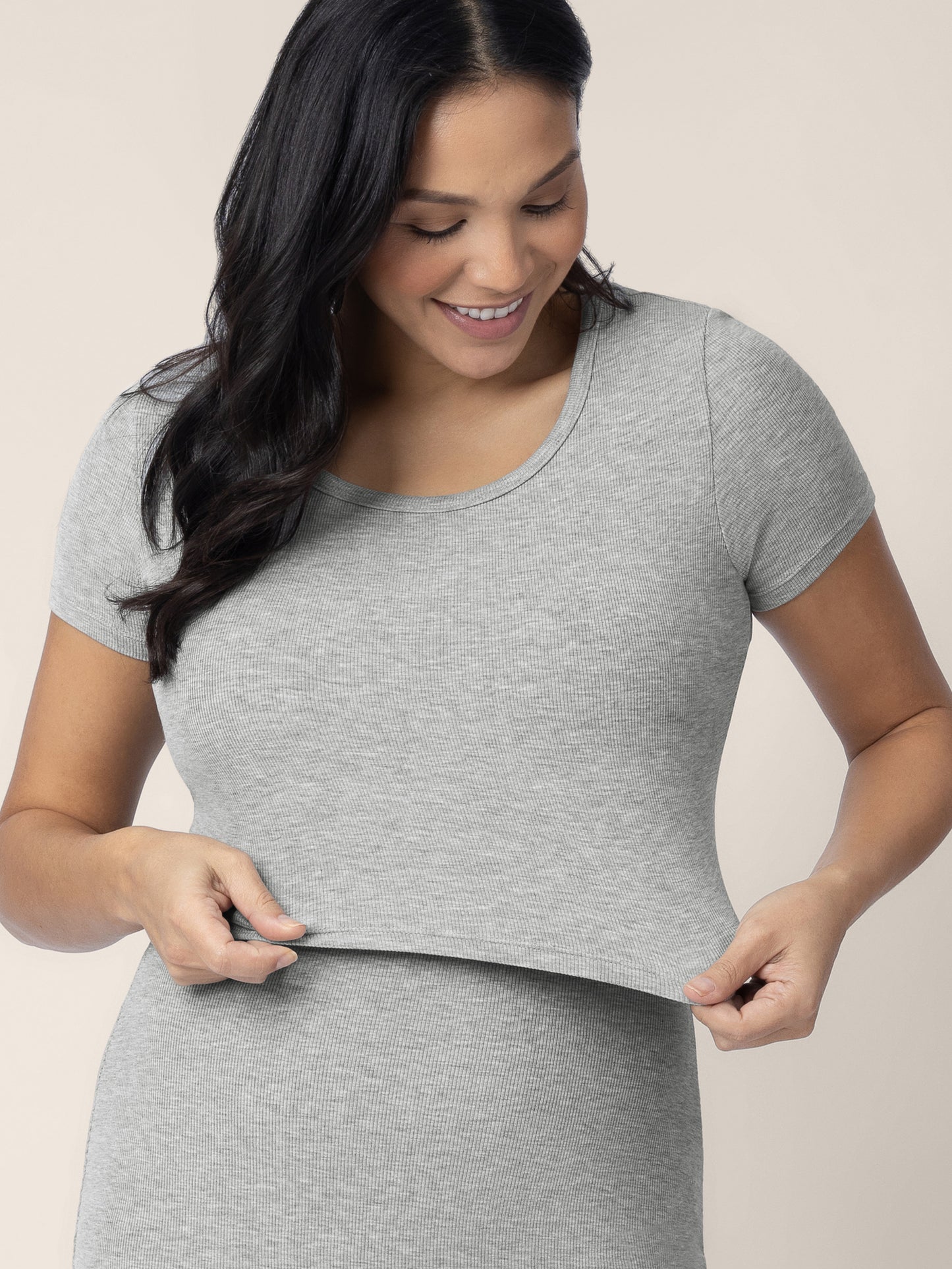 Model wearing the Olivia Ribbed Bamboo 2-in-1 Maternity & Nursing Dress in Grey Heather, showing the removable crop top nursing panel