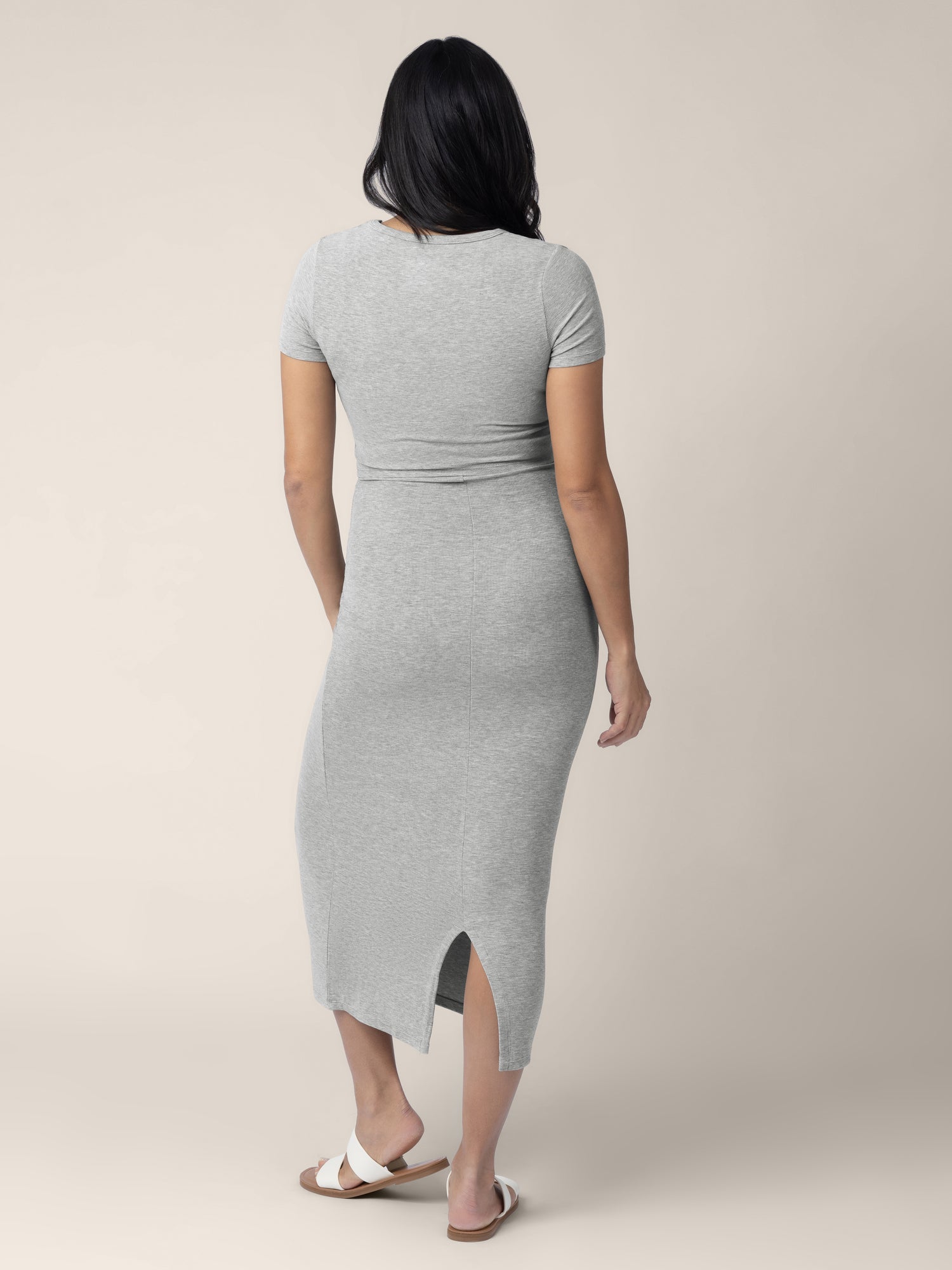 Model wearing the Olivia Ribbed Bamboo 2-in-1 Maternity & Nursing Dress in Grey Heather