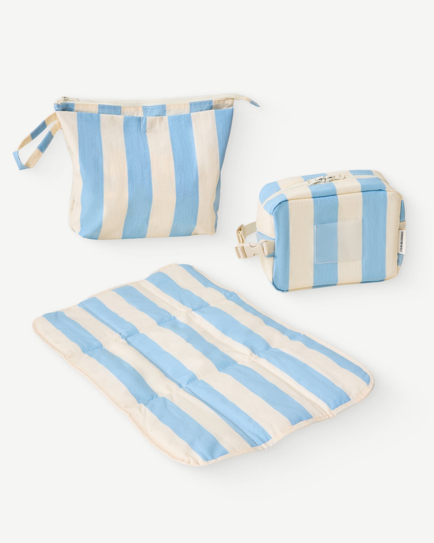 The Quick Change Kit Bag and mat and the Mini Cooler Bag of the On the Go Mini Bundle in Blue Wide Stripe on a white background.