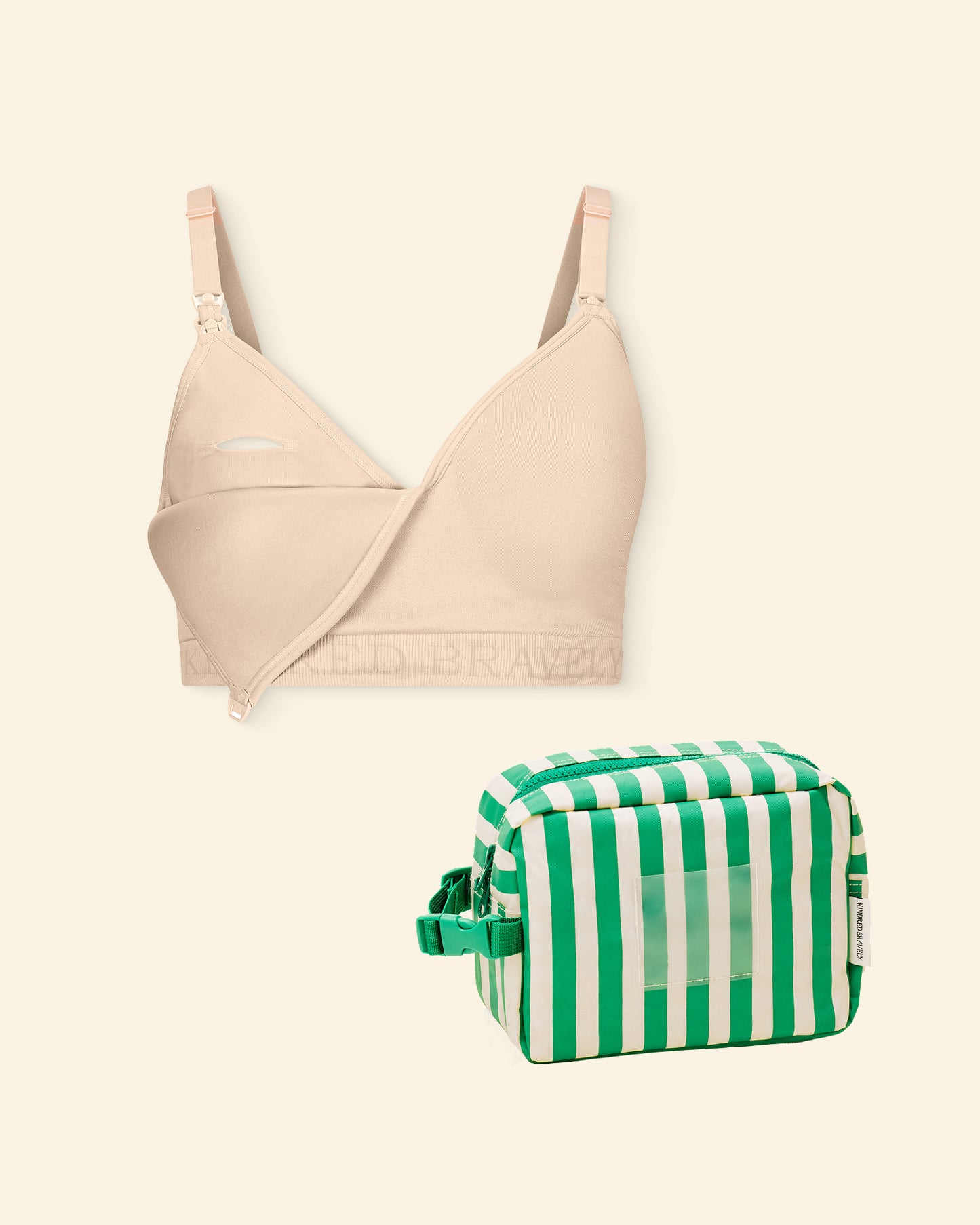 Beige Sublime Contour Pumping Bra and green and white striped Mini Cooler Bag on a light background
