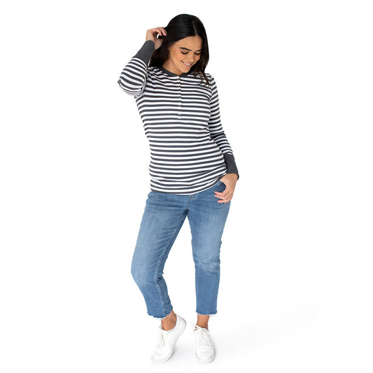 Organic Cotton Nursing & Maternity Henley Long Sleeve Shirt | Grey Heather Stripe-Tops-Kindred Bravely