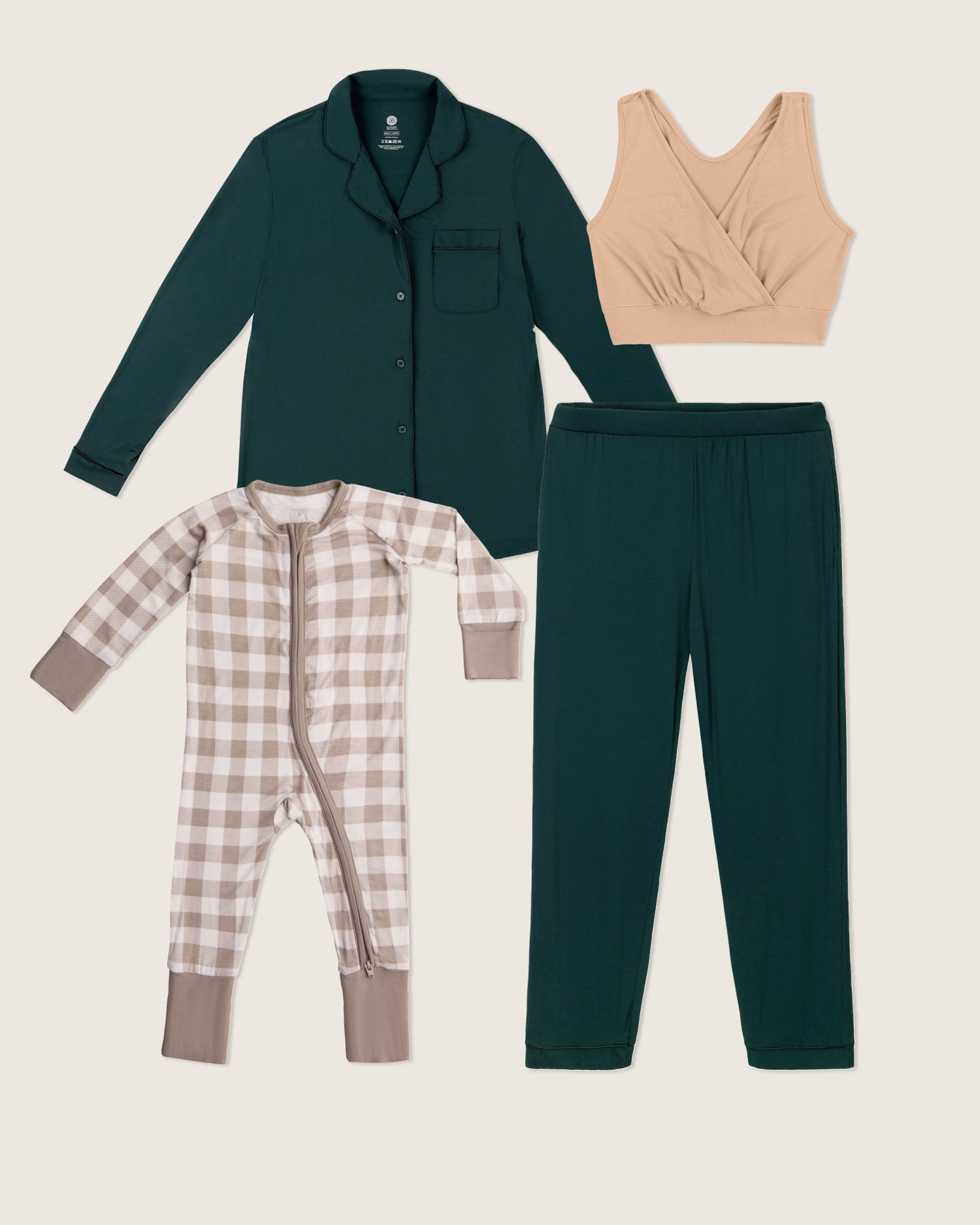 Collection of pajama sets including a green shirt and pants, beige tank top, and plaid onesie on a beige background.