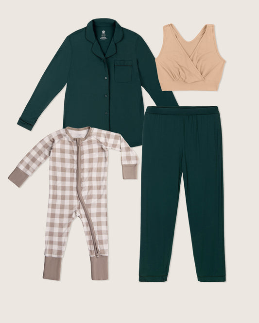 Collection of pajama sets including a green shirt and pants, beige tank top, and plaid onesie on a beige background.
