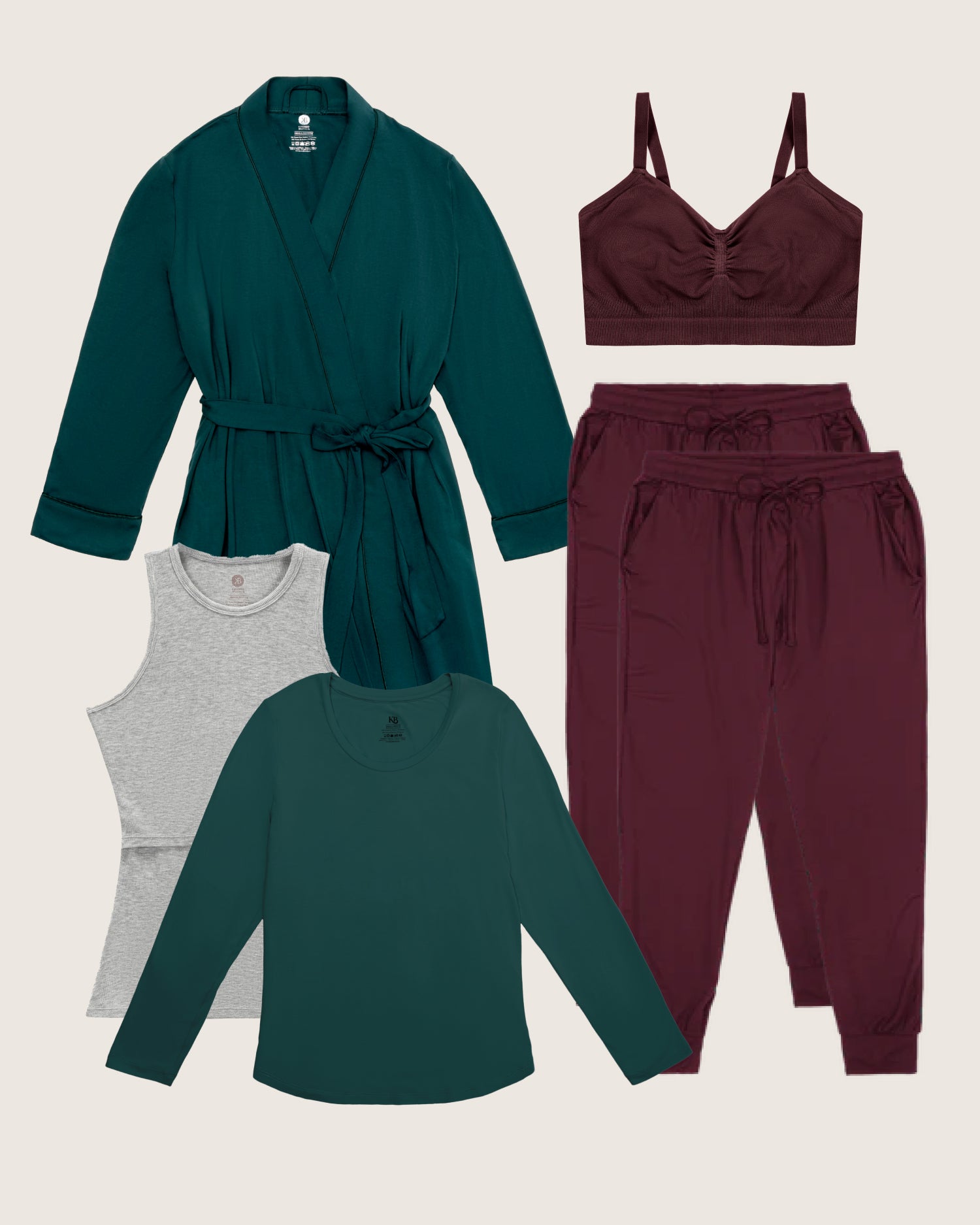 Collection of clothing items including a green robe, maroon top and pants, and gray tank top on a beige background.