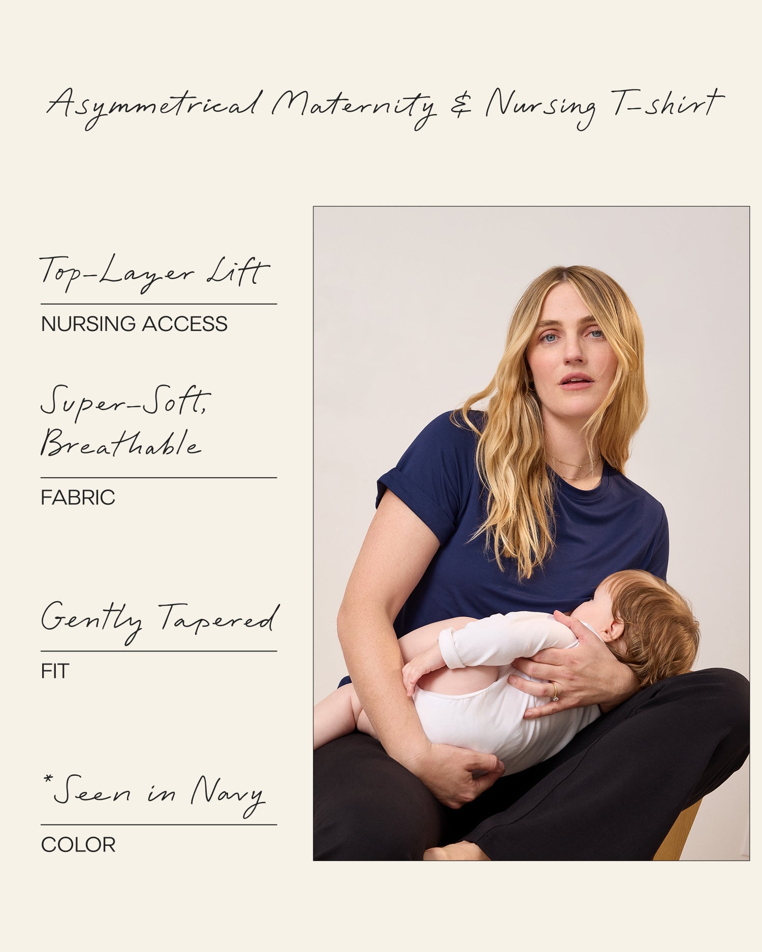 Model wearing the Asymmetrical Nursing T-shirt in Navy with handwritten annotations detailing the nursing access is Top-Layer Lift, the fabric is super soft and breathable, the fit in gently tapered, and the color is Navy