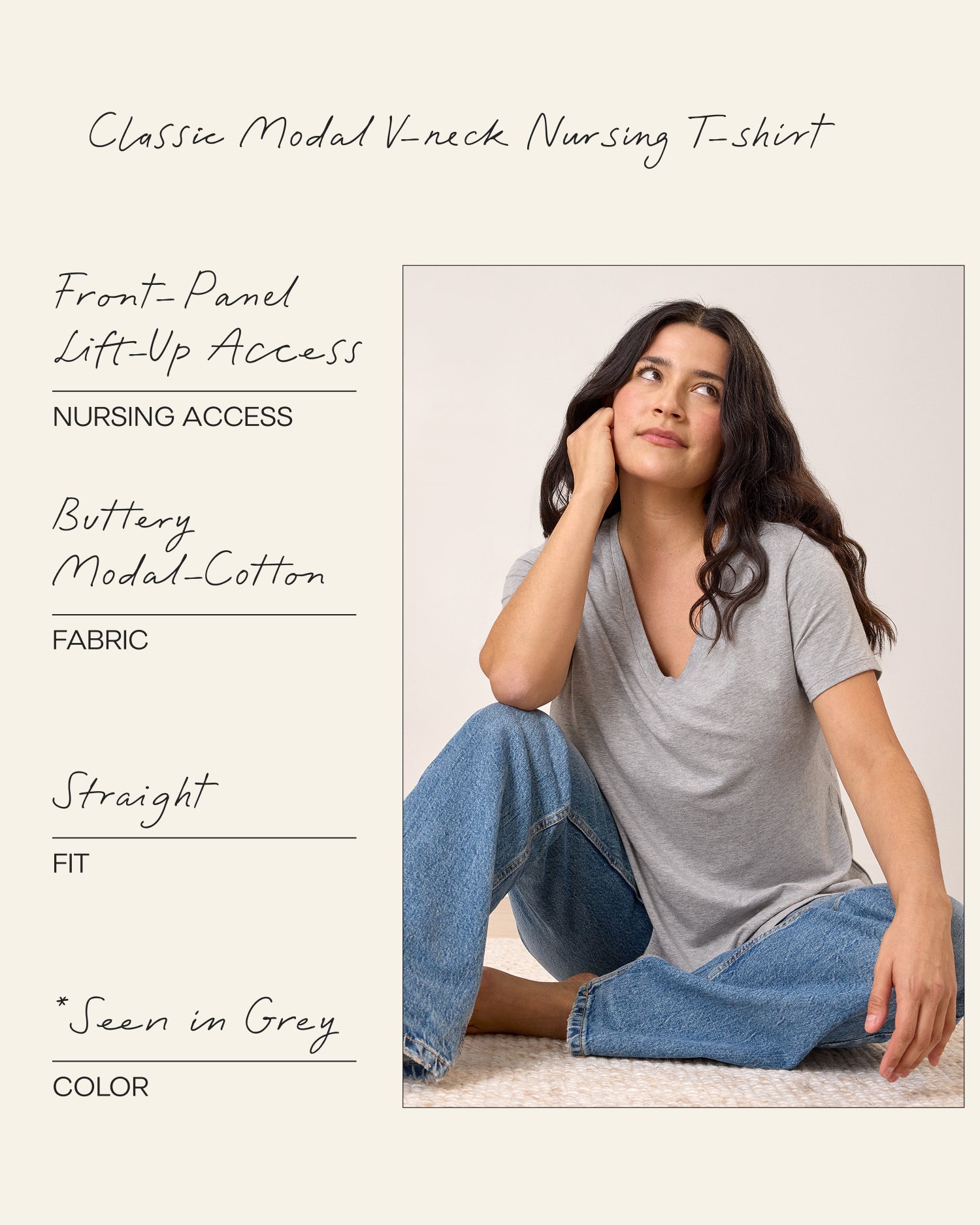 Model wearing Classic Modal V-neck Nursing T-shirt in Grey Heather with handwritten annotations detailing that the nursing access is front-panel lift-up access, the fabric is buttery modal-cotton, and the fit is straight