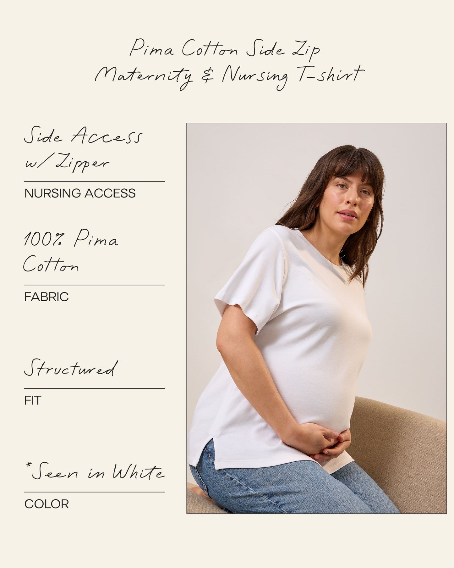 Model wearing Pima Cotton Side Zip Maternity & Nursing T-shirt in White sitting on a lounging chair. The image has functionality call outs, noting the nursing access, fabric, fit and color.