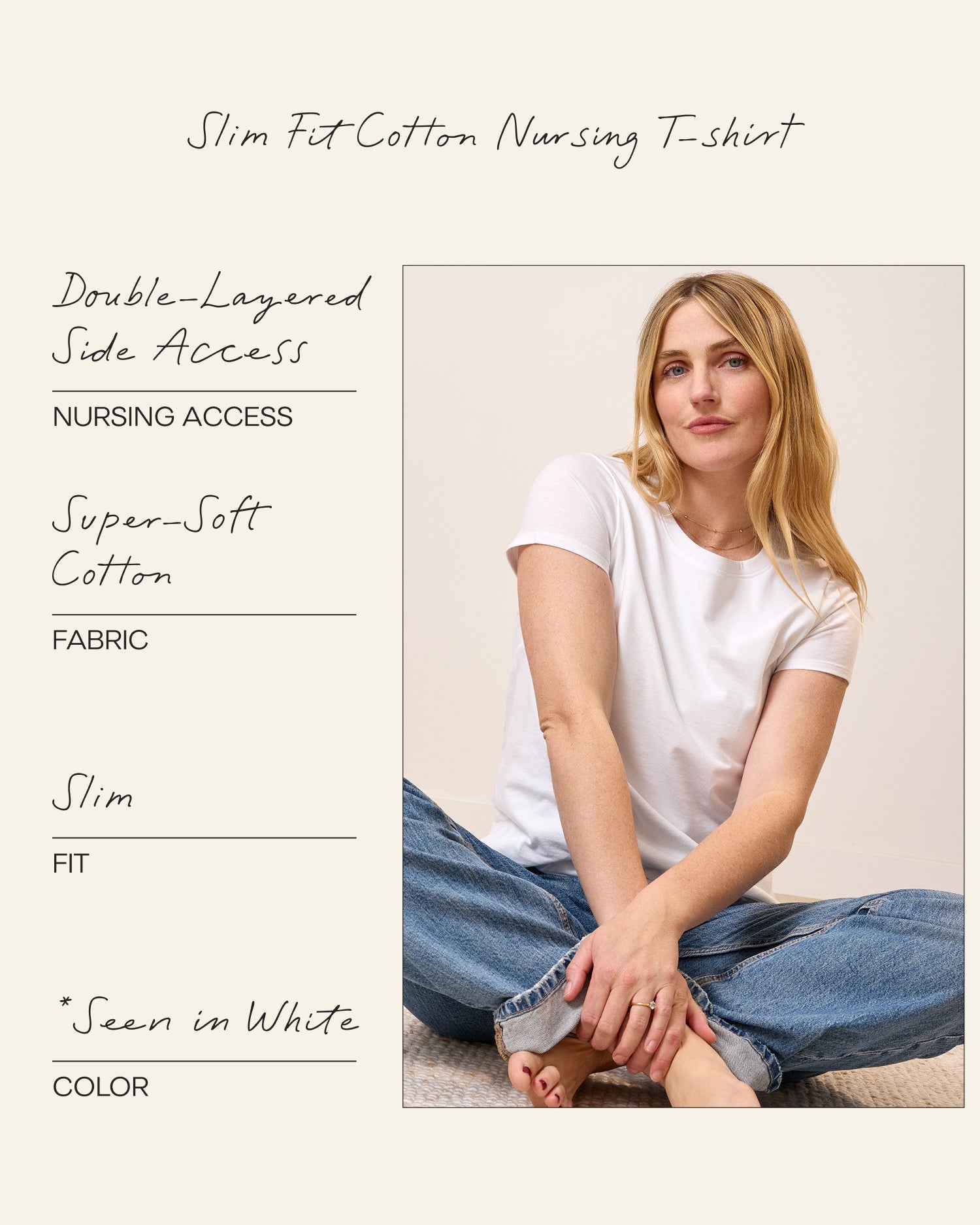 Model wearing Slim Fit Cotton Nursing T-shirt with handwritten annotations detailing the nursing access is Double-Layered Side Access, the fabric is Super-Soft Cotton and the fit is Slim