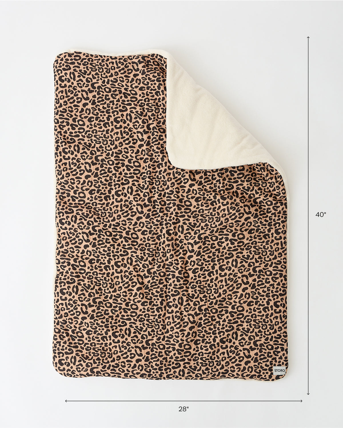Cozy Stroller Blanket in Leopard folded on an off white background with dimensions displaying the item is 28" wide and 40" tall.