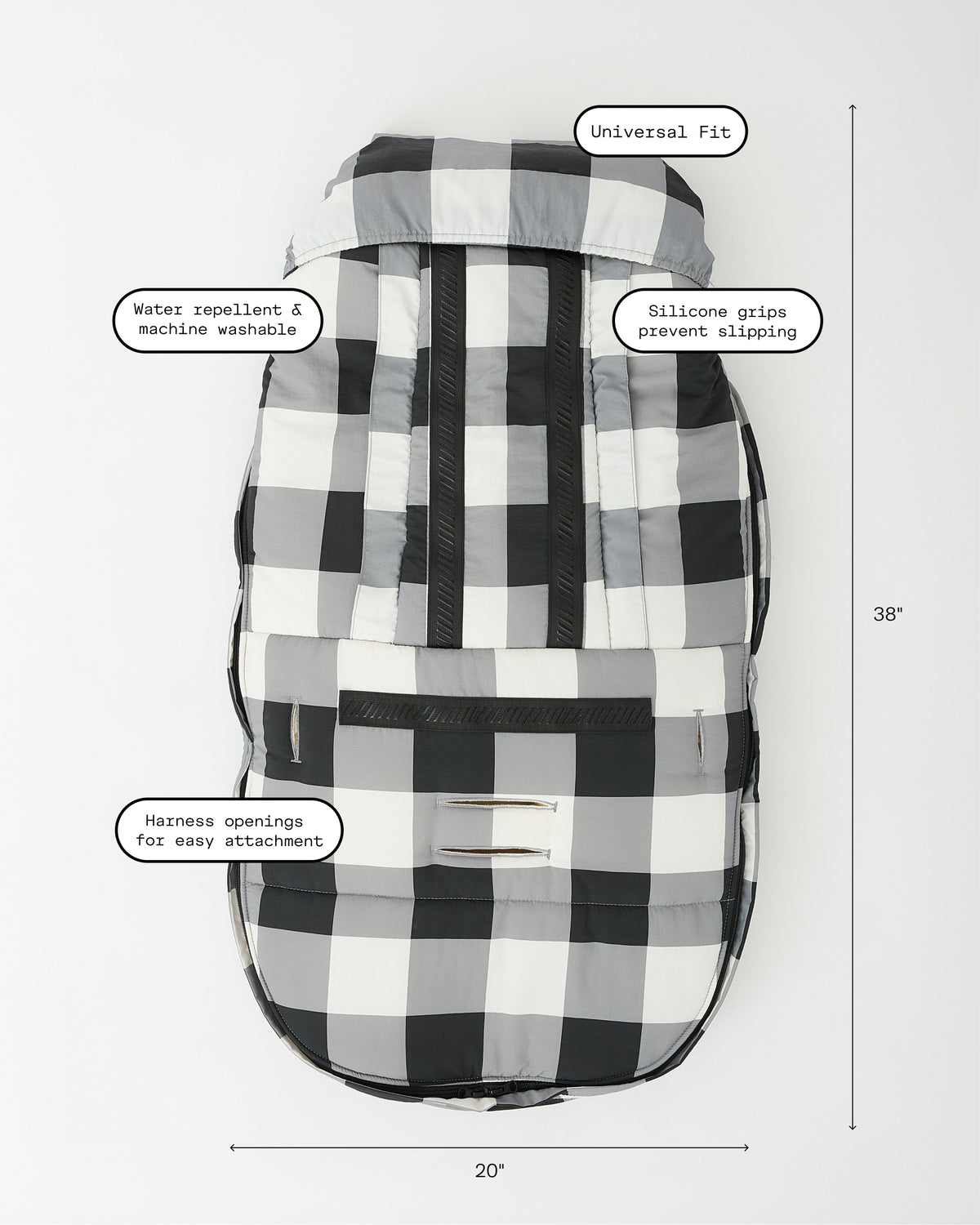 The Cozy Stroller Footmuff in Buffalo Plaid, shown flat against a white background with measurement labels indicating 38 inches height and 20 inches width, plus callout text noting universal fit, water repellent and machine washable, silicone grip crevice sliding, and harness openings for easy attachments, on an off white background.