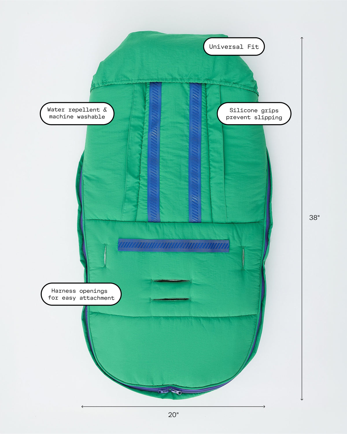 The Cozy Stroller Footmuff in Green, shown flat on a light gray background with measurement labels indicating 38 inches tall by 20 inches wide, plus callout text noting universal fit, water repellency, machine washability, silicone grip, and harness openings.