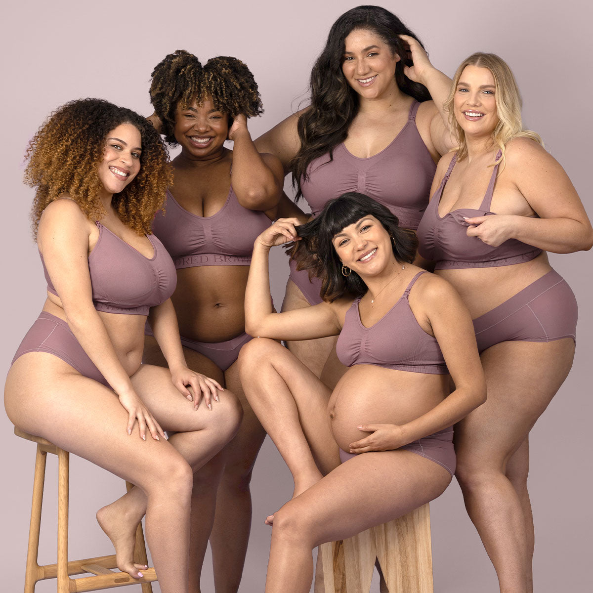 Five models wearing Kindred Bravely Bras and Underwear in Twilight