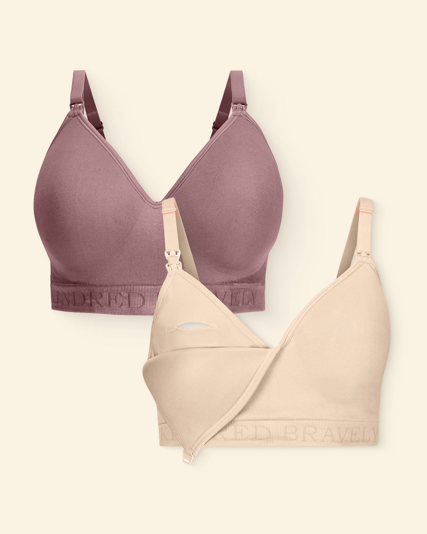 Two bras, one purple and one beige, on a light background