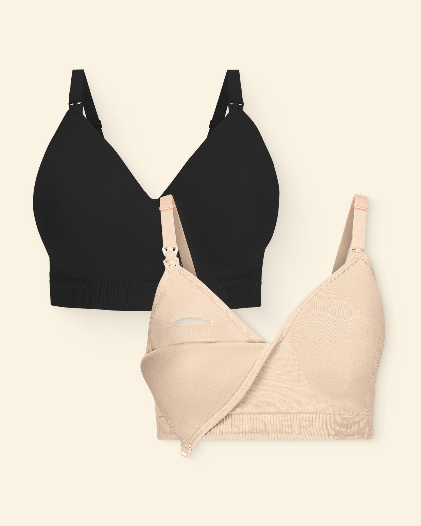 Black and beige bras on a light beige background