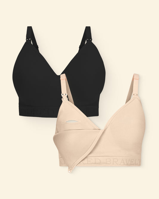 Black and beige bras on a light beige background