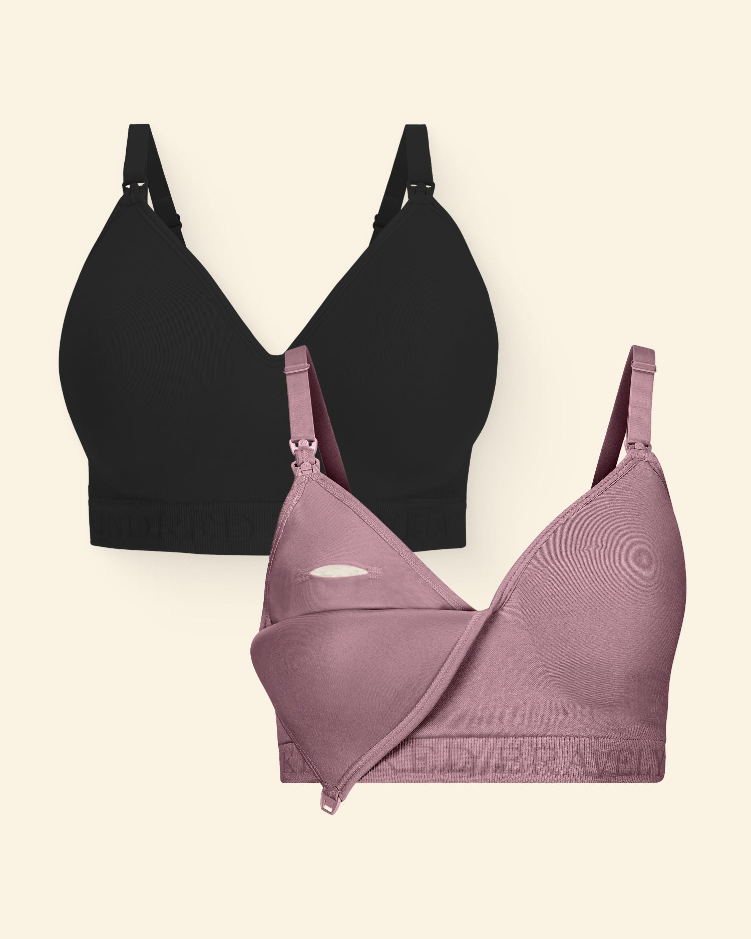 Black and purple bras on a beige background