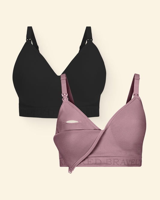 Black and purple bras on a beige background