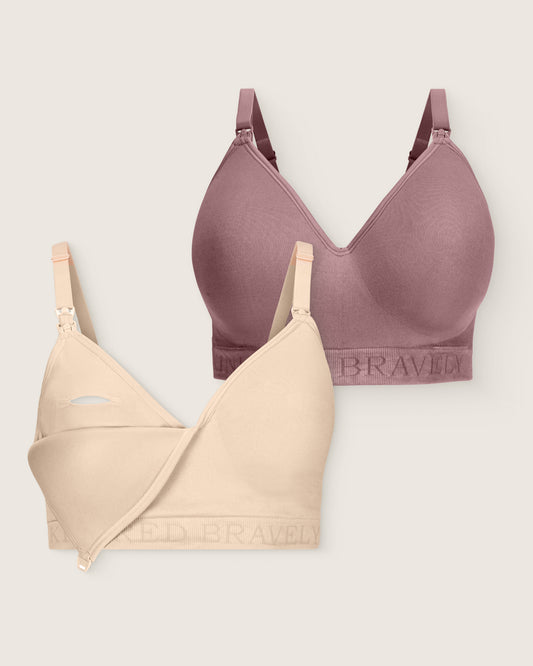 Two bras, one purple and one beige, on a light gray background.