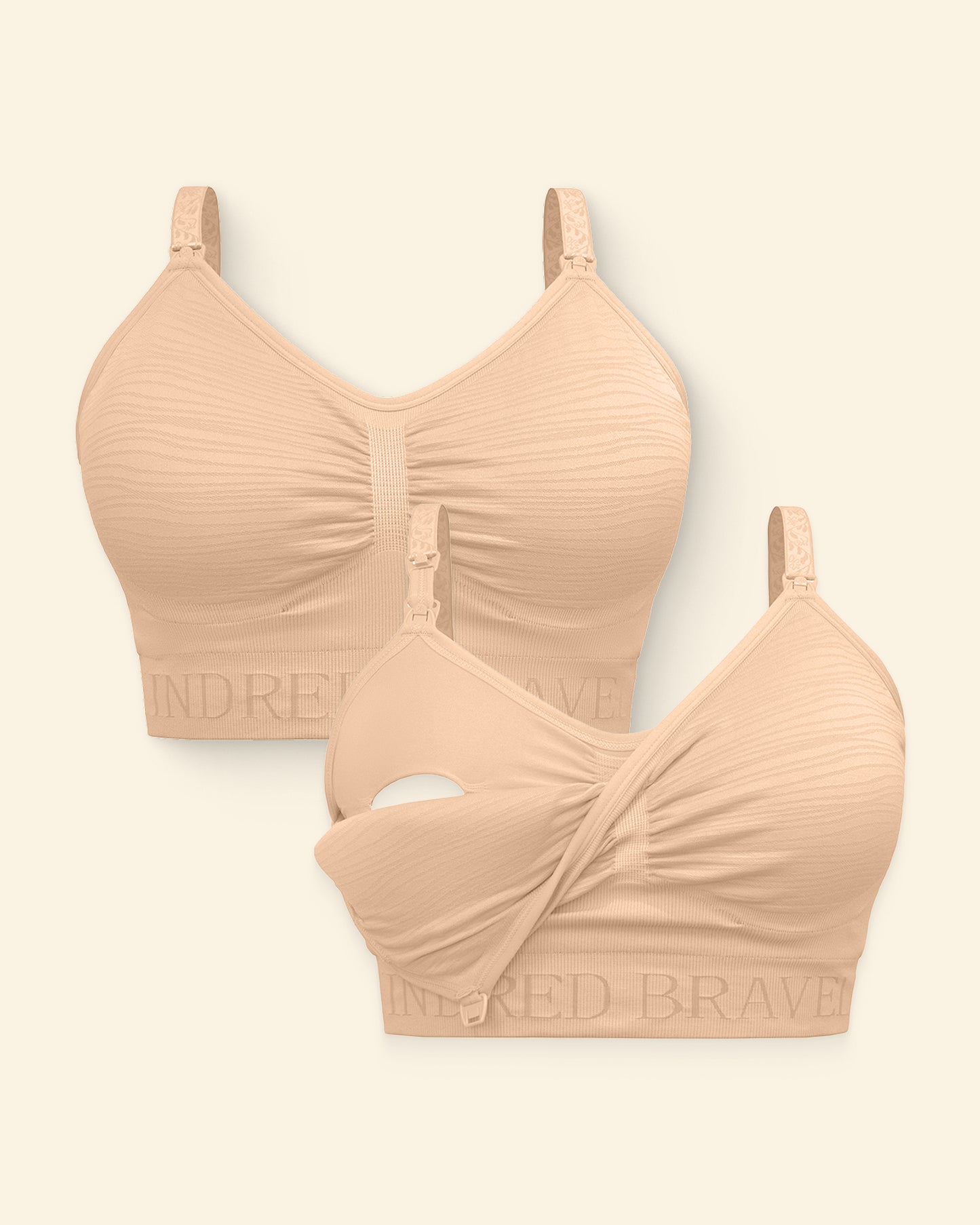 Two beige bras on a light beige background