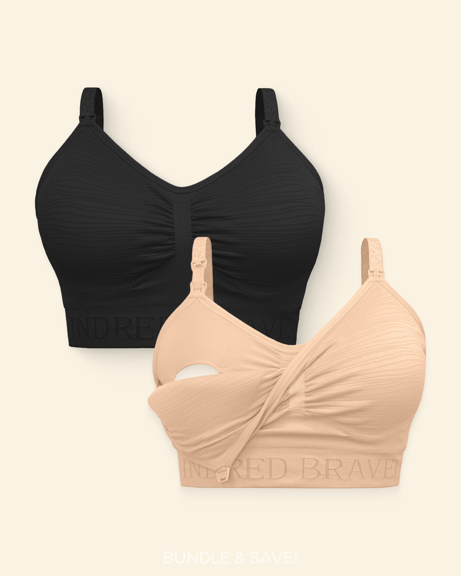 Black and beige bras on a light beige background