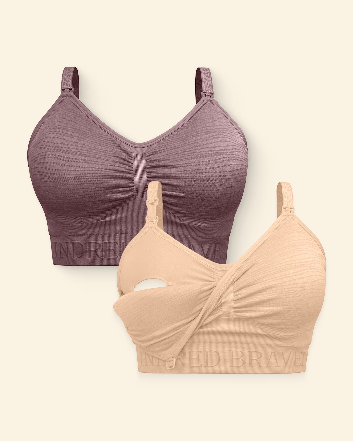 Two bras, one purple and one beige on a light background.