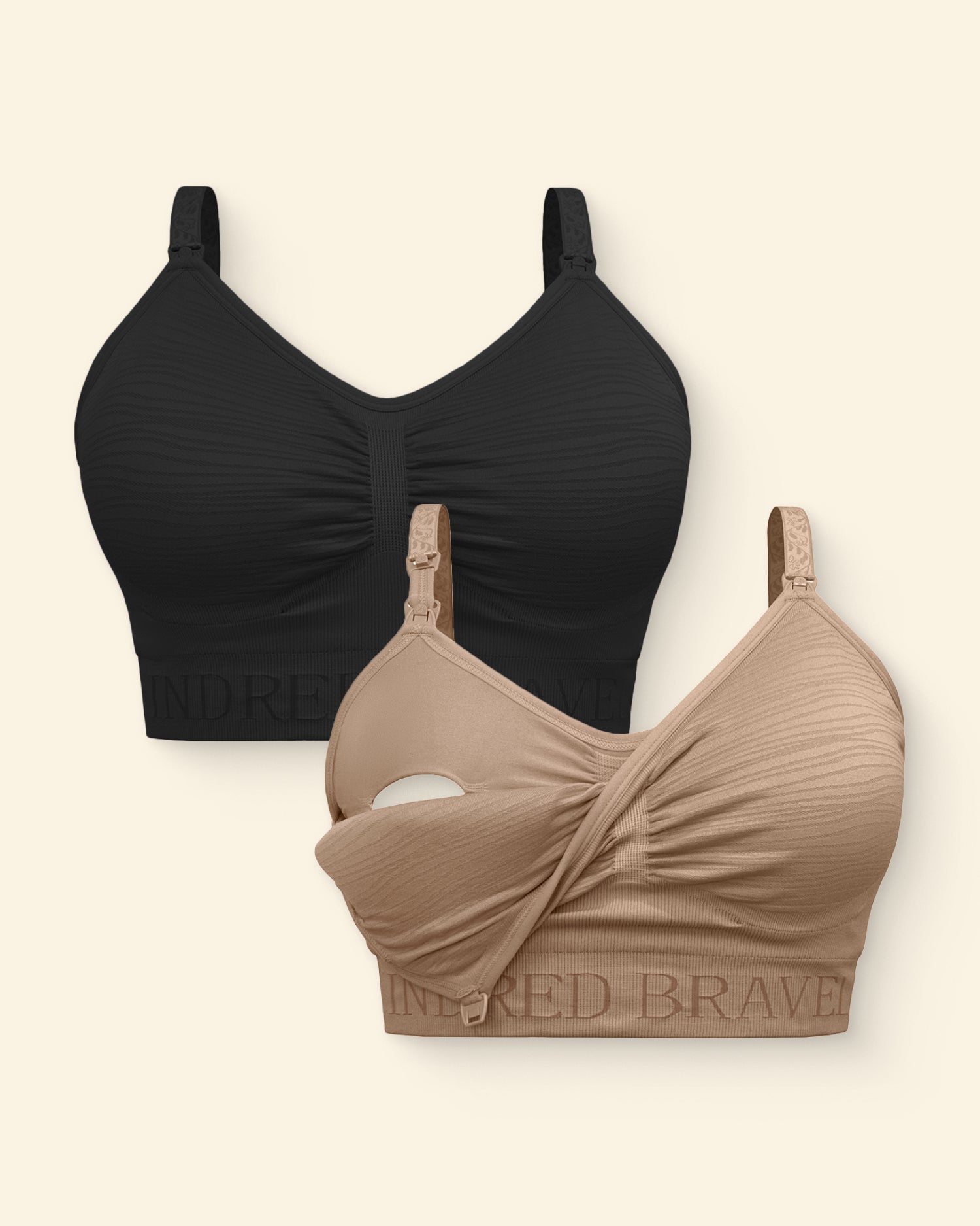 Black and beige bras on a light beige background