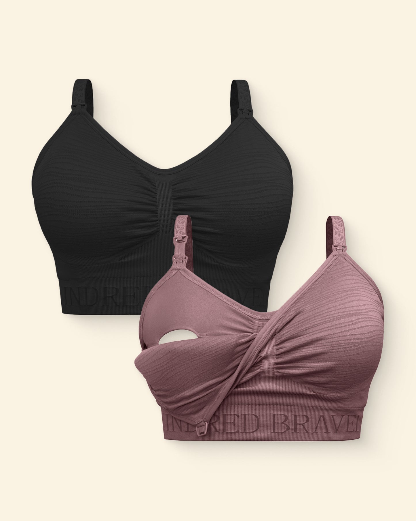 Black and purple bras with branding on a beige background