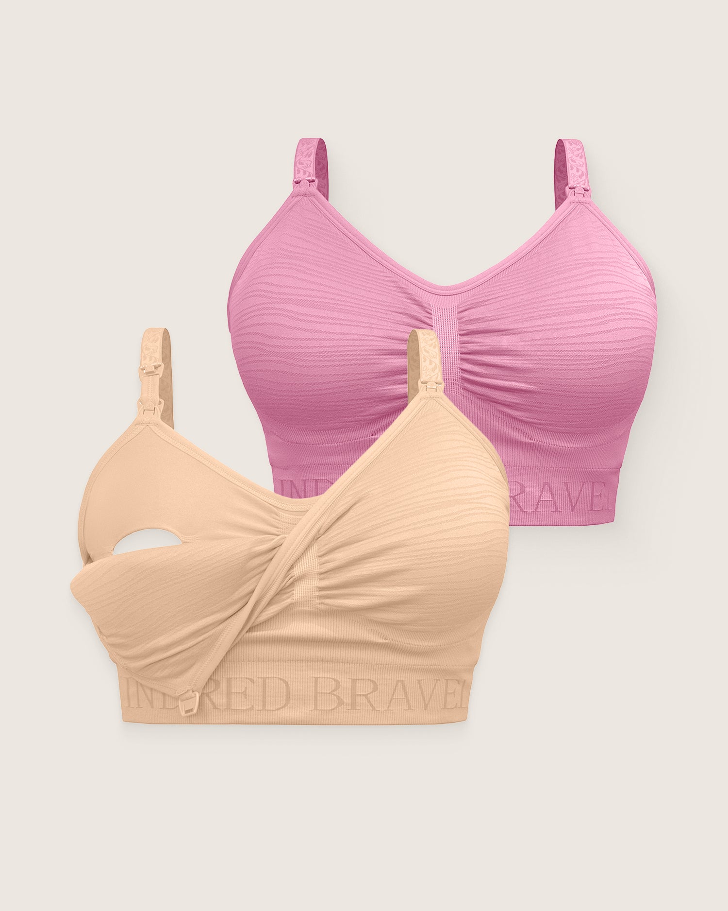 Pink and beige bras with 'Red Brave' branding on a light gray background