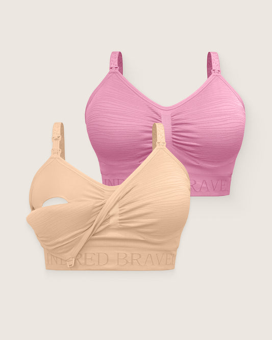 Pink and beige bras with 'Red Brave' branding on a light gray background