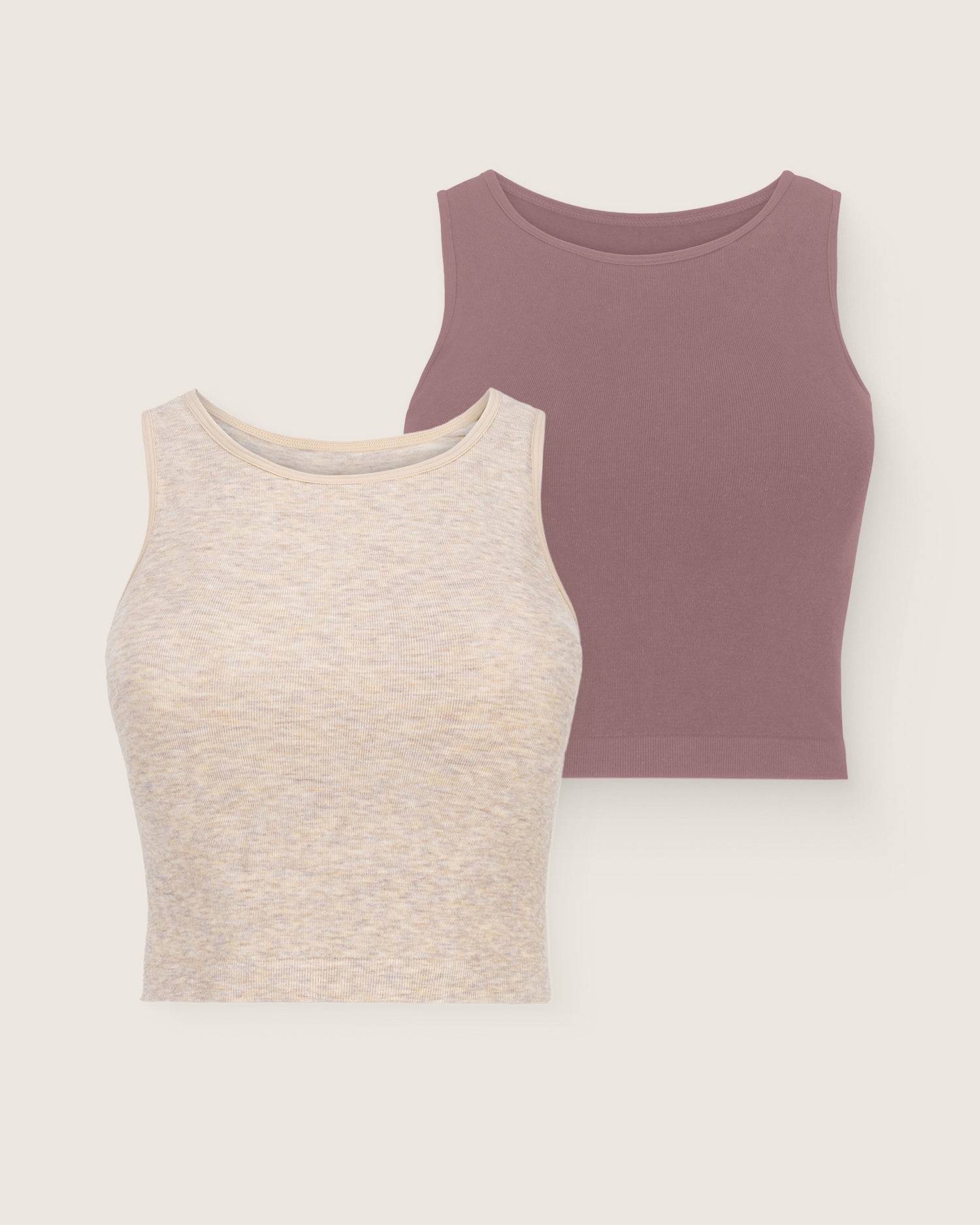 Two longline bra tops, one purple and one beige, on a light beige background