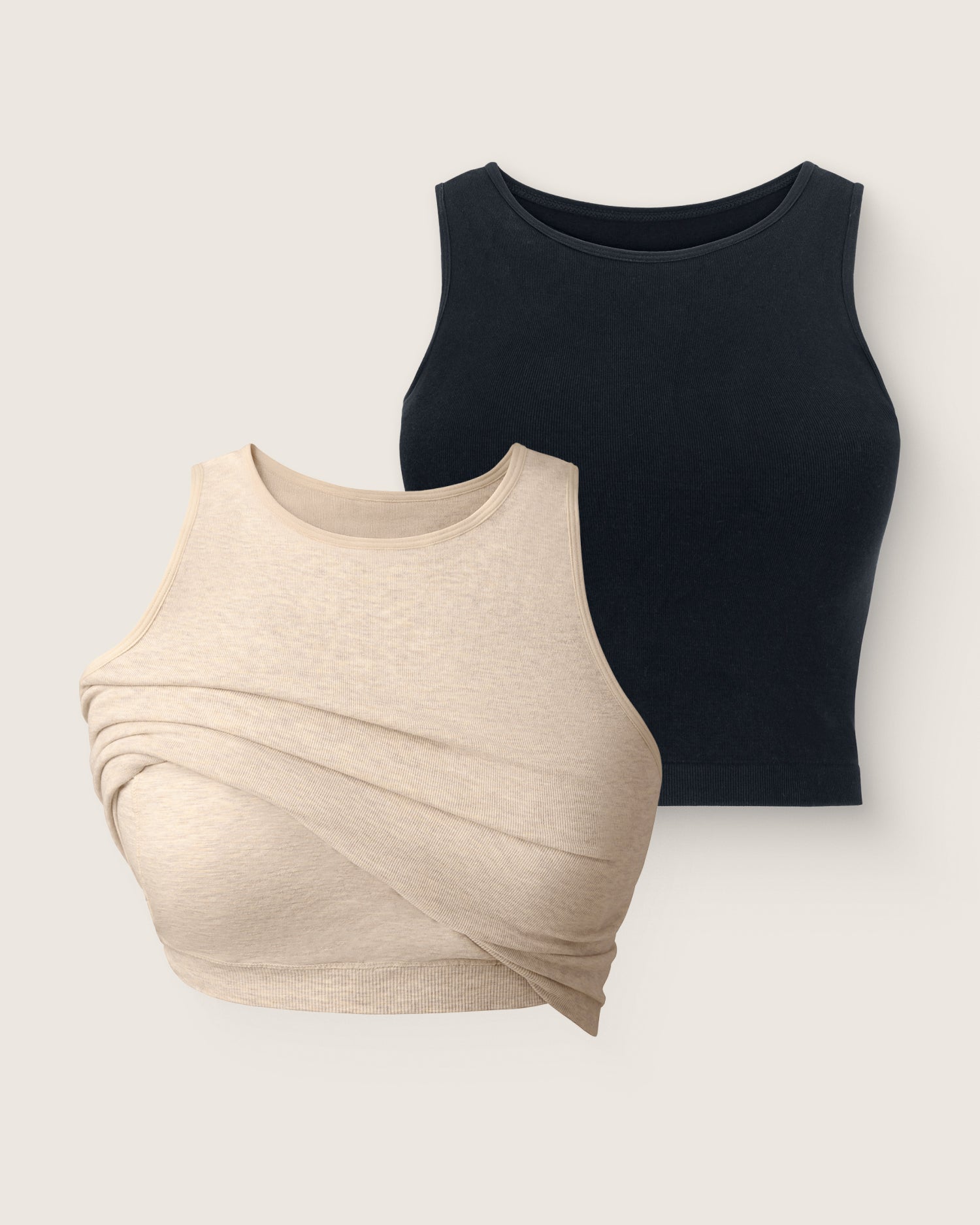 Black and beige longline bra tops on a light gray background