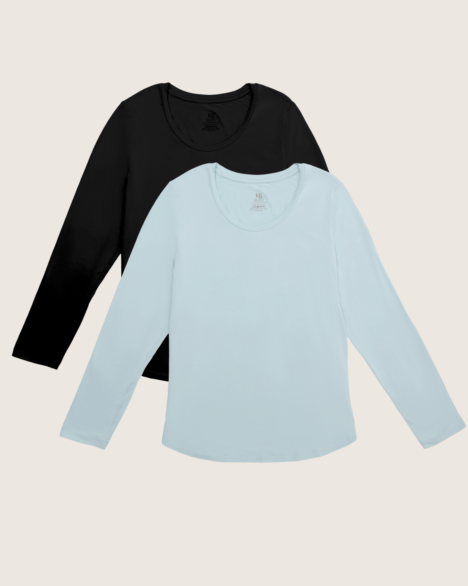 Black and light blue long-sleeve shirts on a beige background