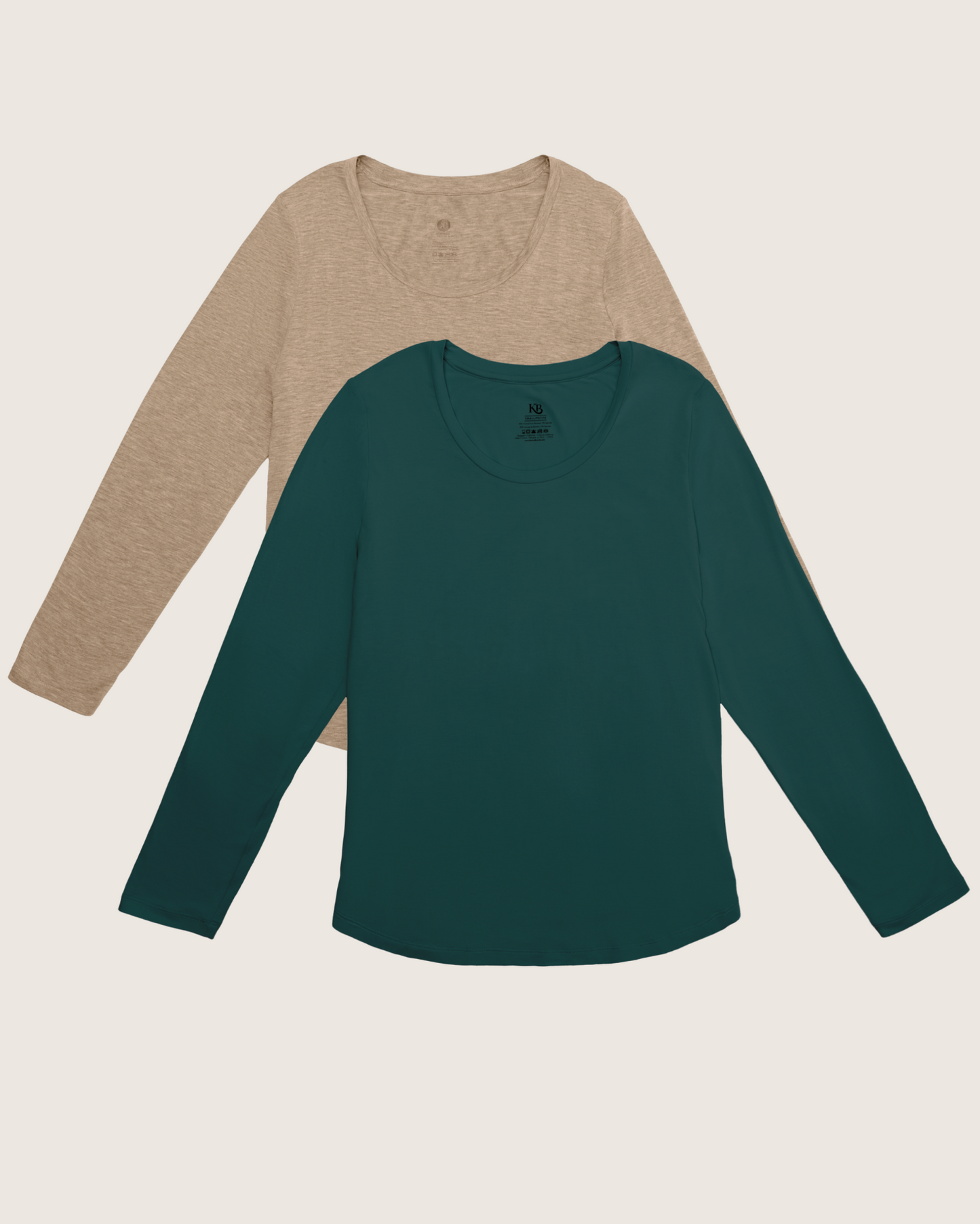 Two long-sleeve shirts, one beige and one green, on a light beige background.
