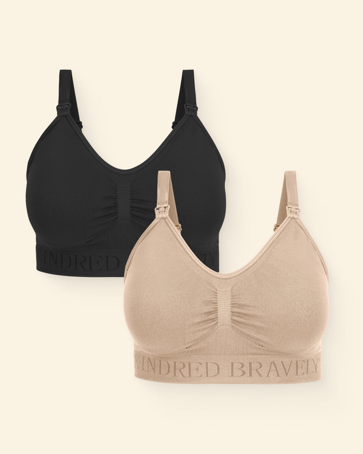 Black and beige bras with 'Kindred Bravely' branding on a light background