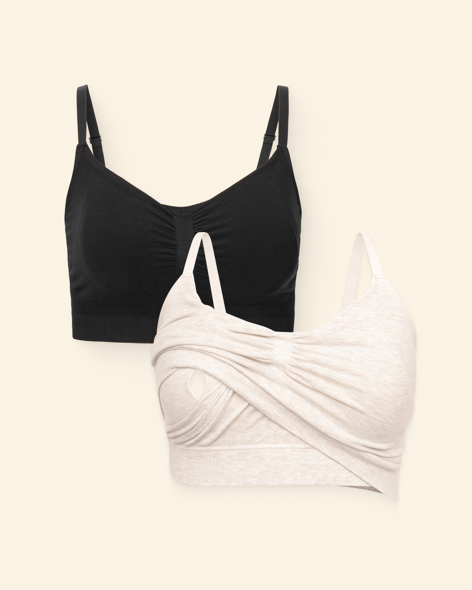 Black and Oatmeal Heather pumping sleep bras on a light beige background