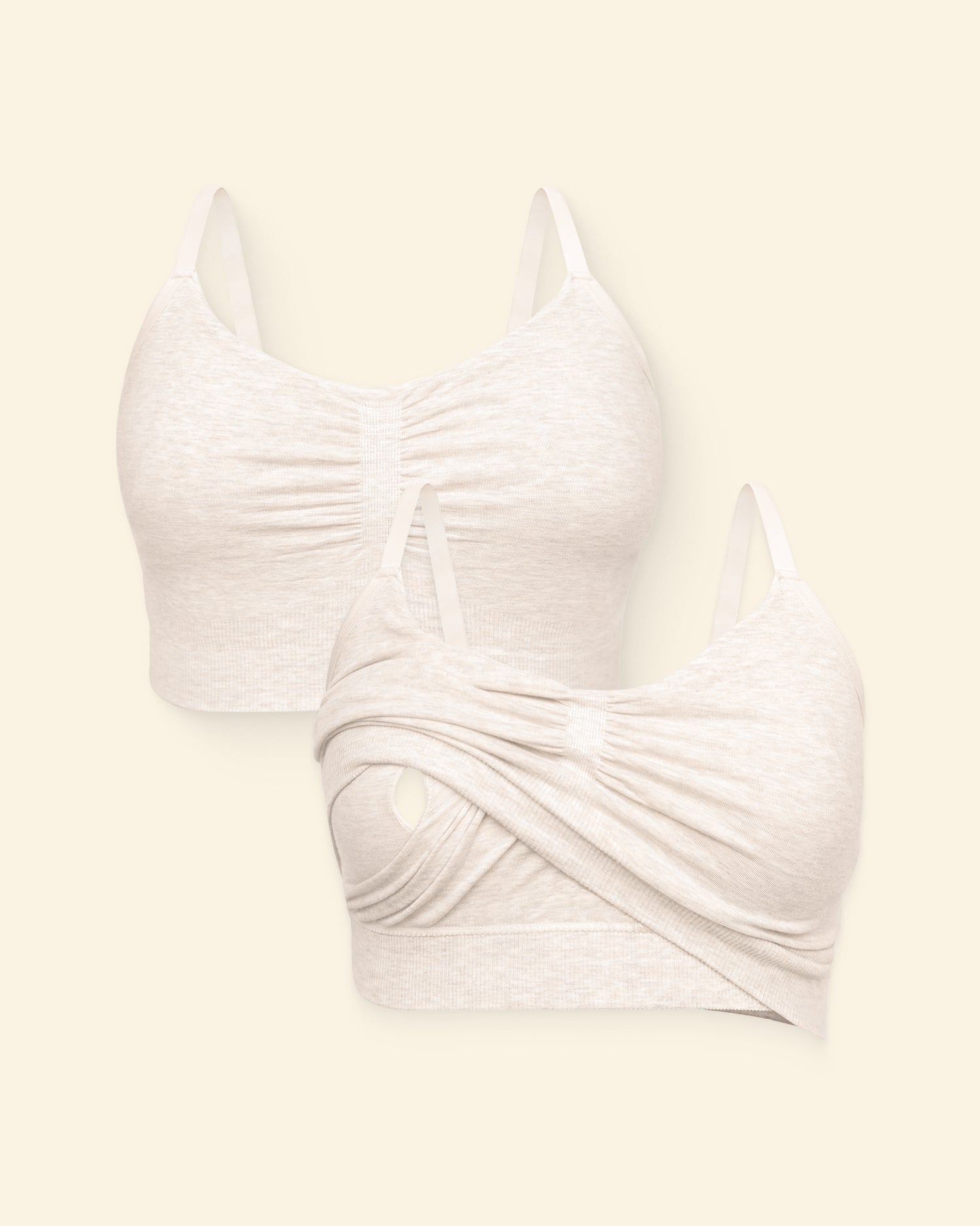 Oatmeal heather pumping sleep bras on a light beige background