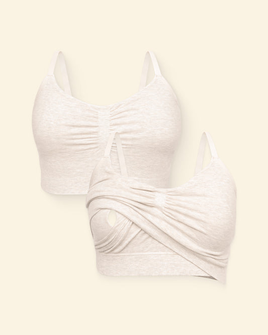 Oatmeal heather pumping sleep bras on a light beige background