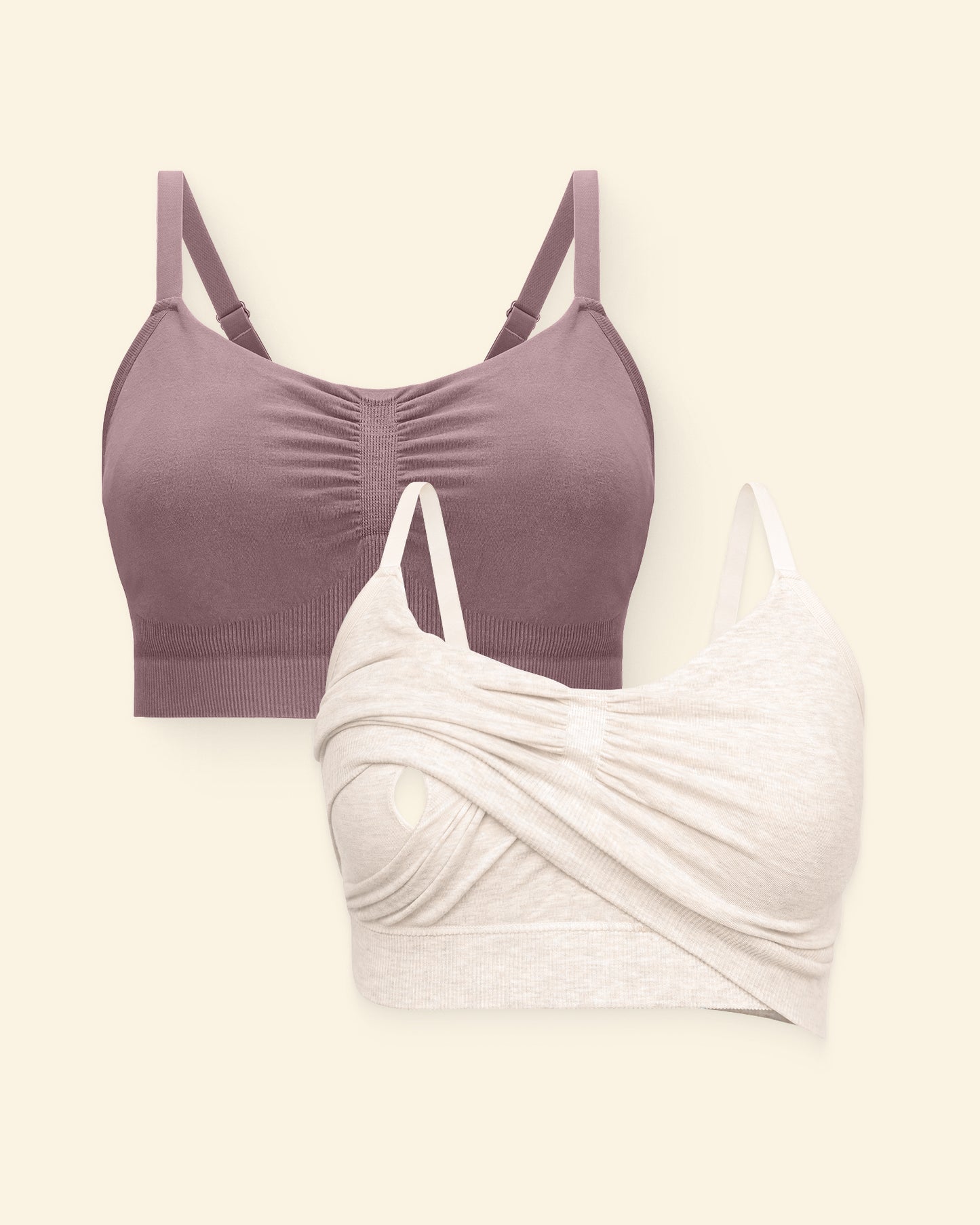 Purple and oatmeal heather pumping sleep bras on a light beige background