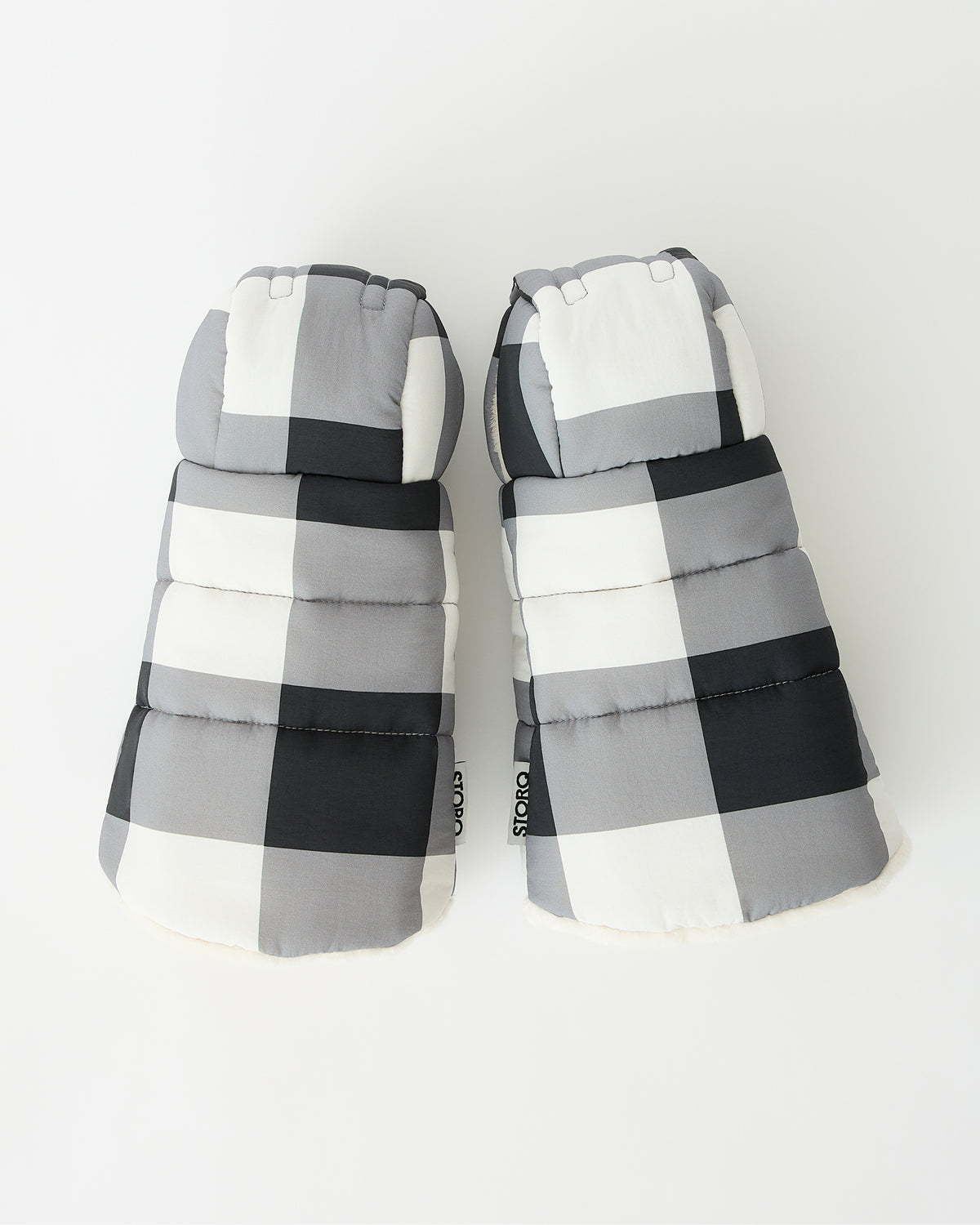 Cozy Stroller Mitts in Buffalo Plaid on an off white background.