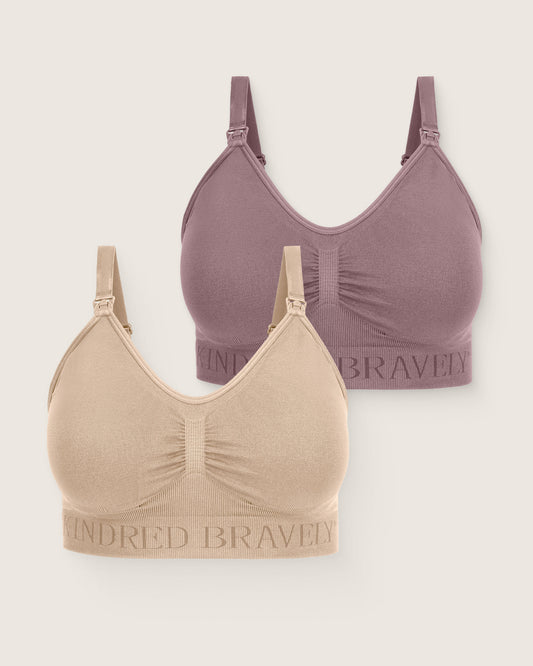 Two bras, one purple and one beige, with branding on a white background.